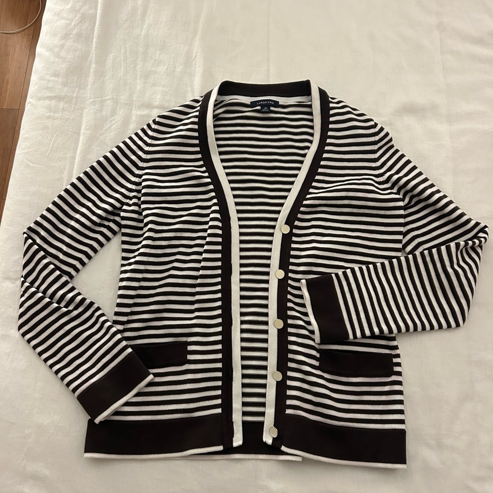 Lands' End Brown and White Striped Cardigan